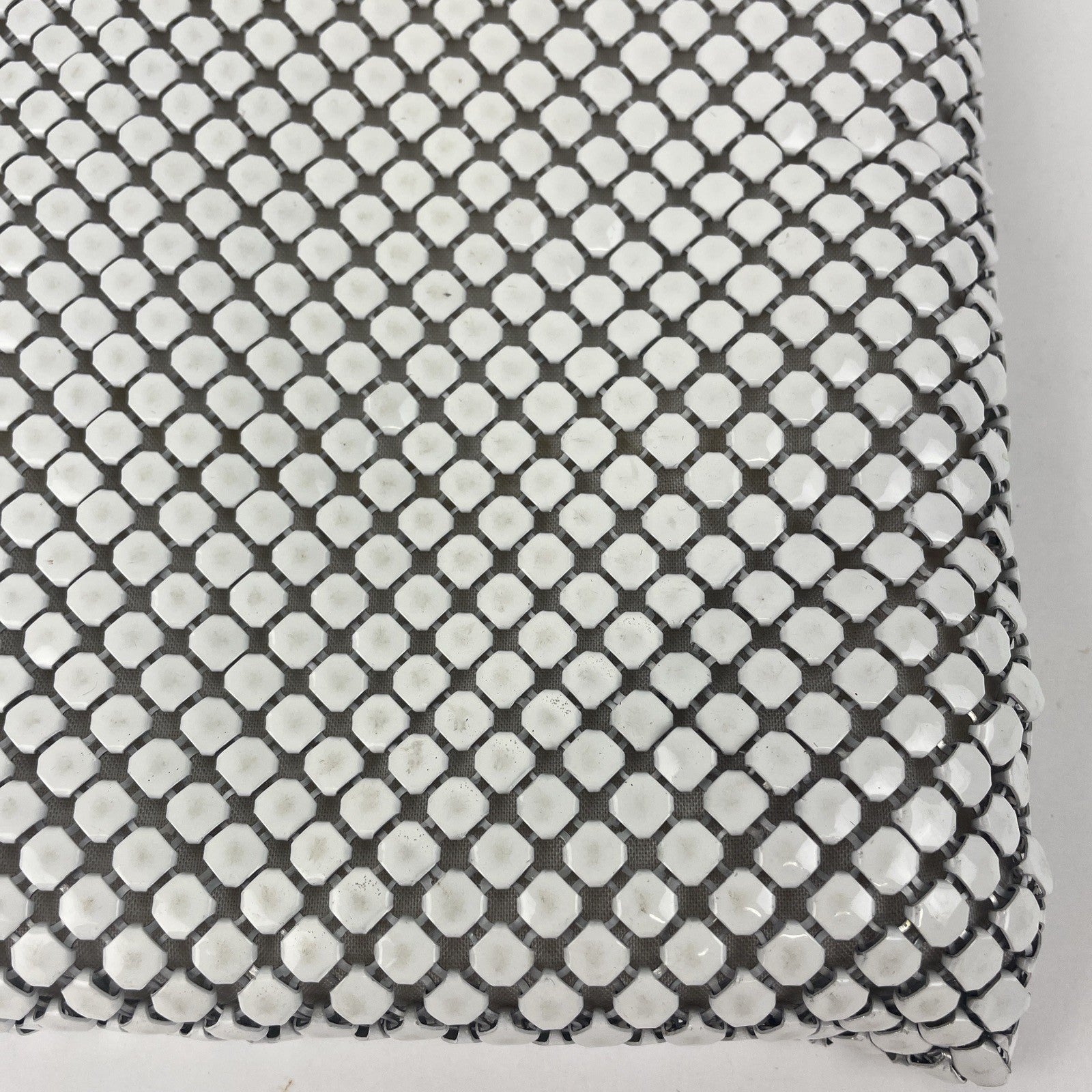 Vintage White Aluminum Metal Mesh Purse W/ Lucite Amber Handles Magnetic Closure