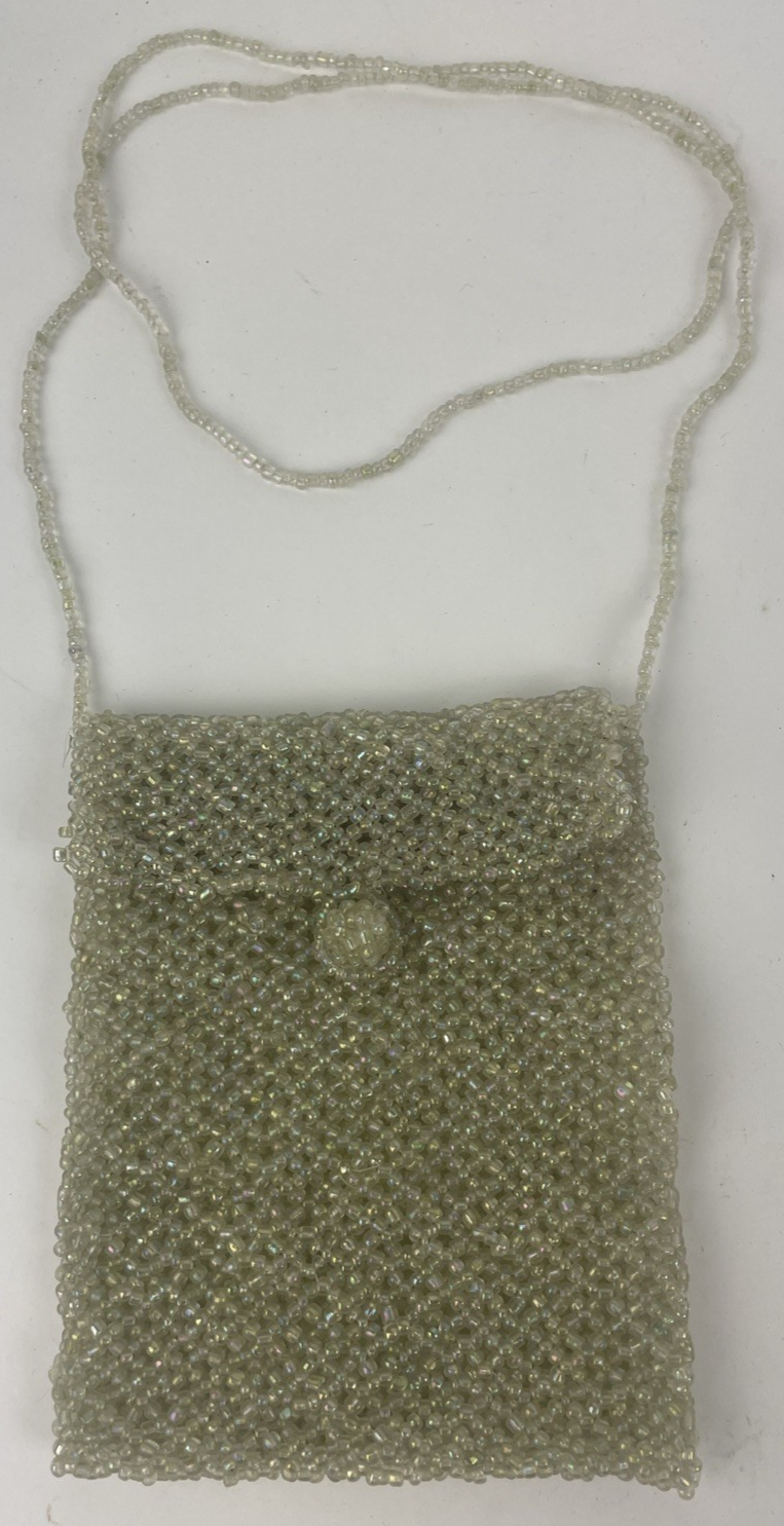Vintage Small Opalescent Beaded Purse Crossbody Bag Green Pink 5" x 4"