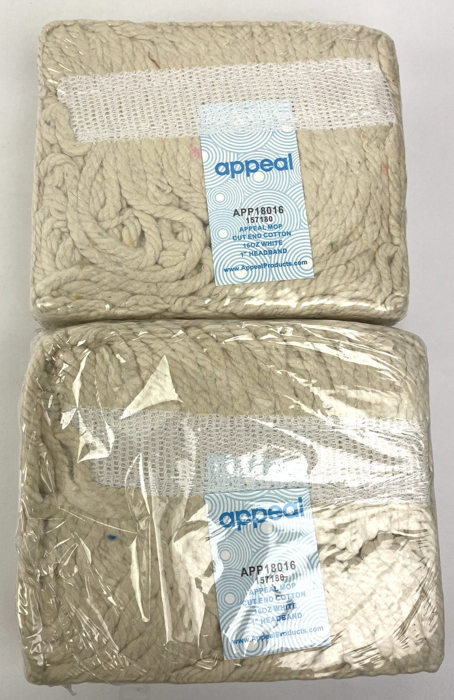 Lot of 2 x APPEAL 16  oz. White Cut End Cotton Wet Mop Head, 1" Headband - NEW