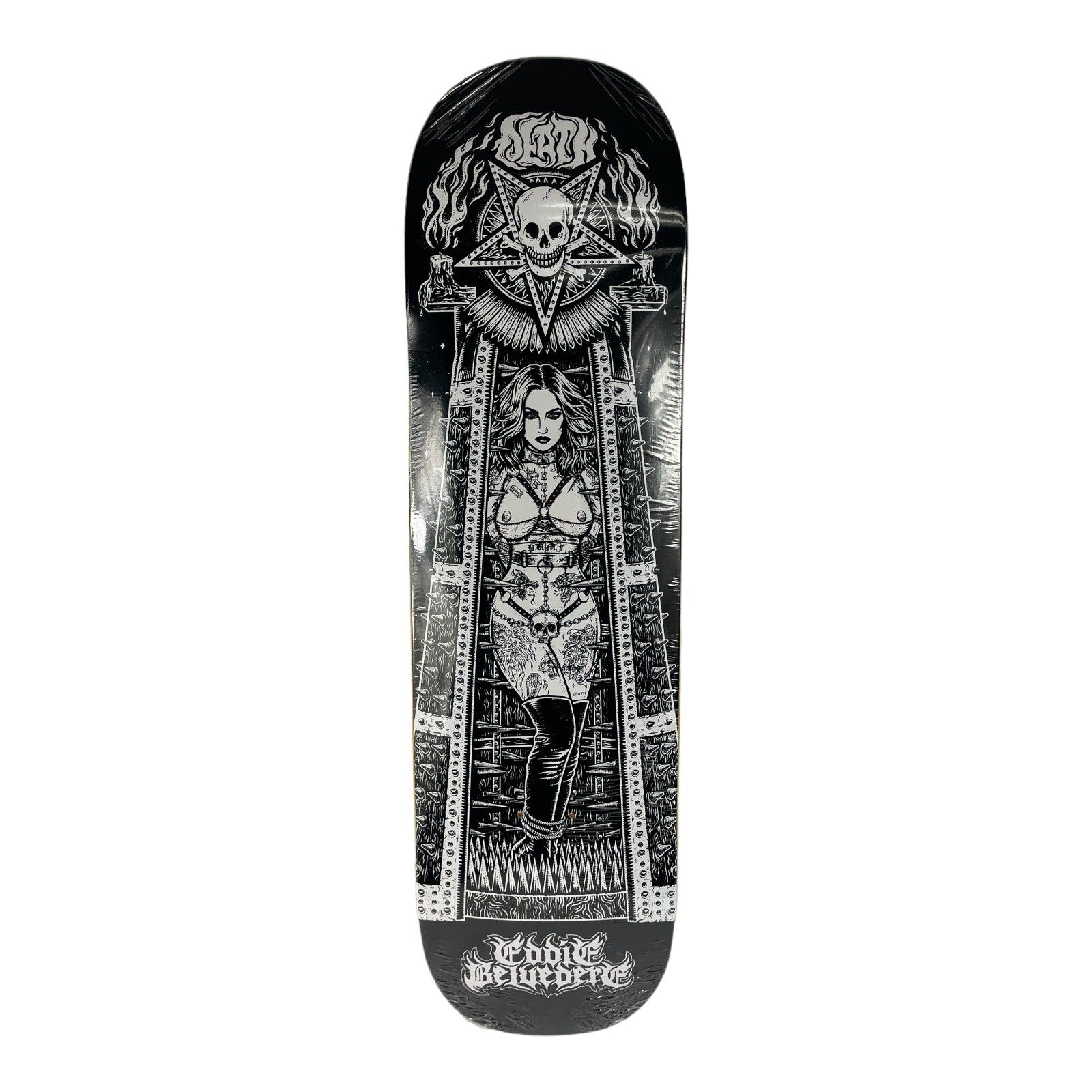 Death Skateboards Eddie Belvedere Maiden Pro 8.25-inch skateboard deck with Tapered Square FA Nose and signature Maiden graphic.