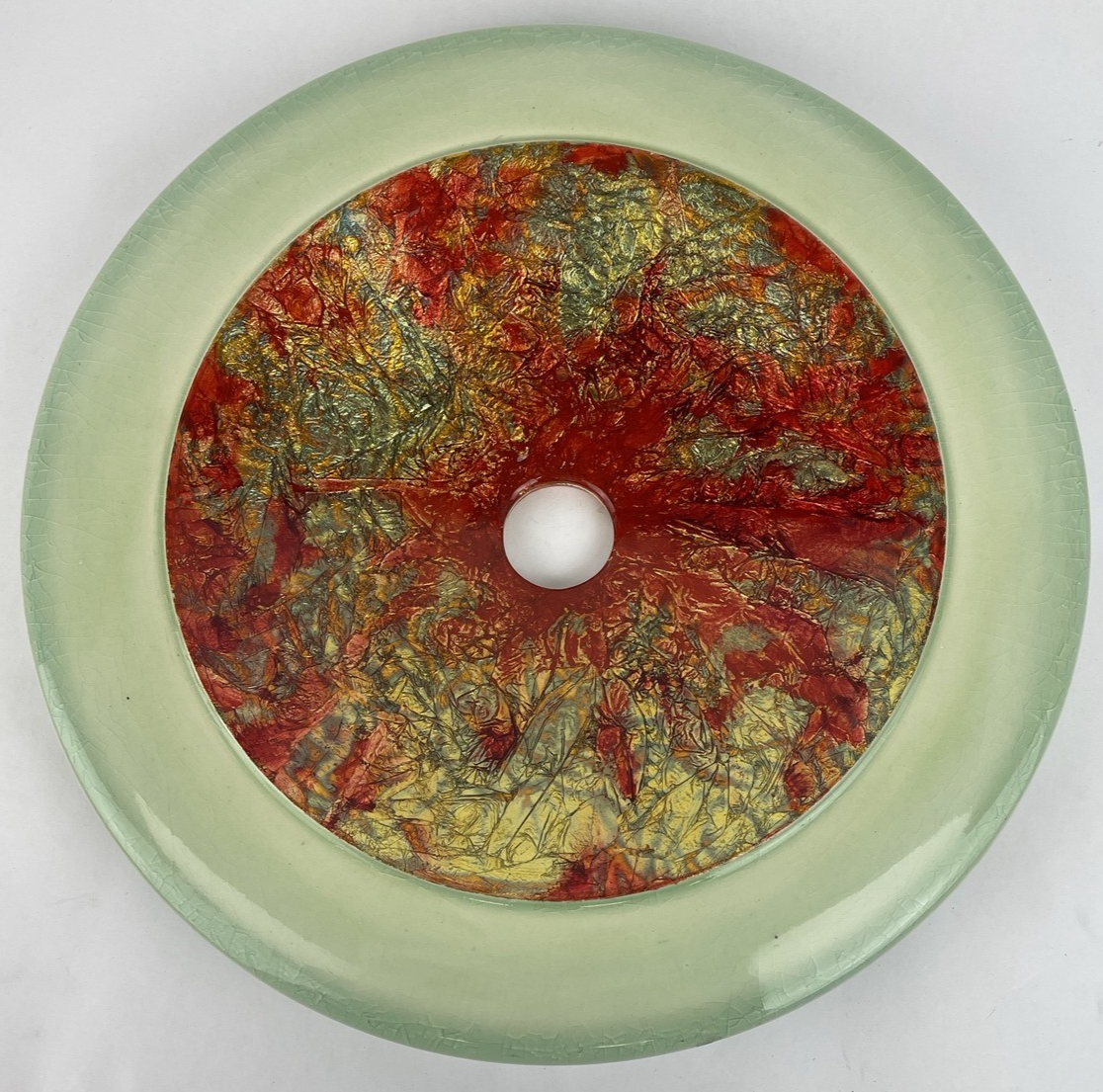 Round Designer Glass Vessel Sink Metallic Red Gold Modern Decor Design OD 14.25"