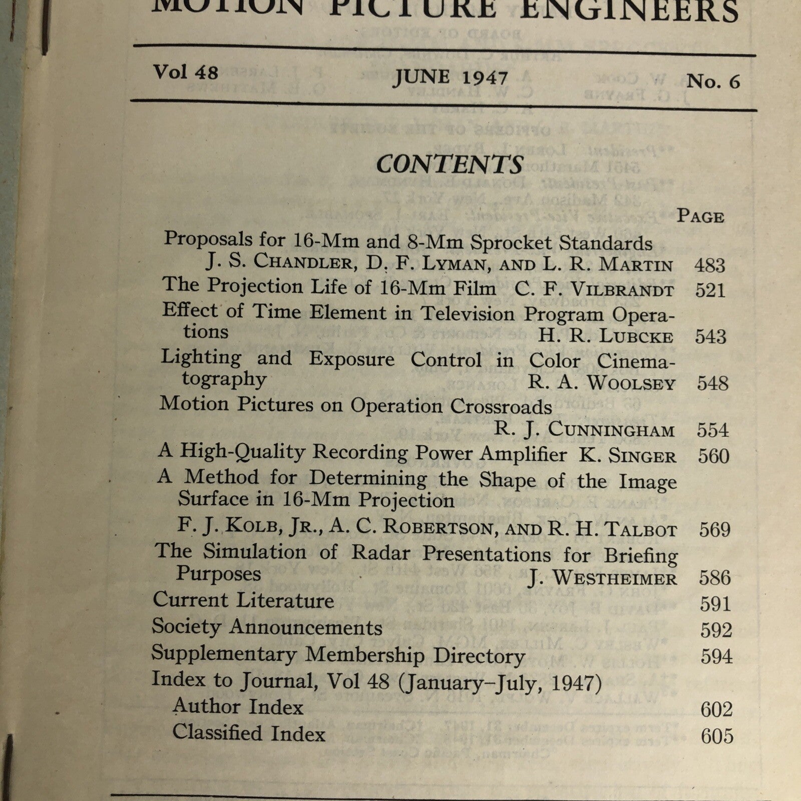 SMPE Journal Of The Society Of Motion Picture Engineers June 1947 VOL 48 No 6
