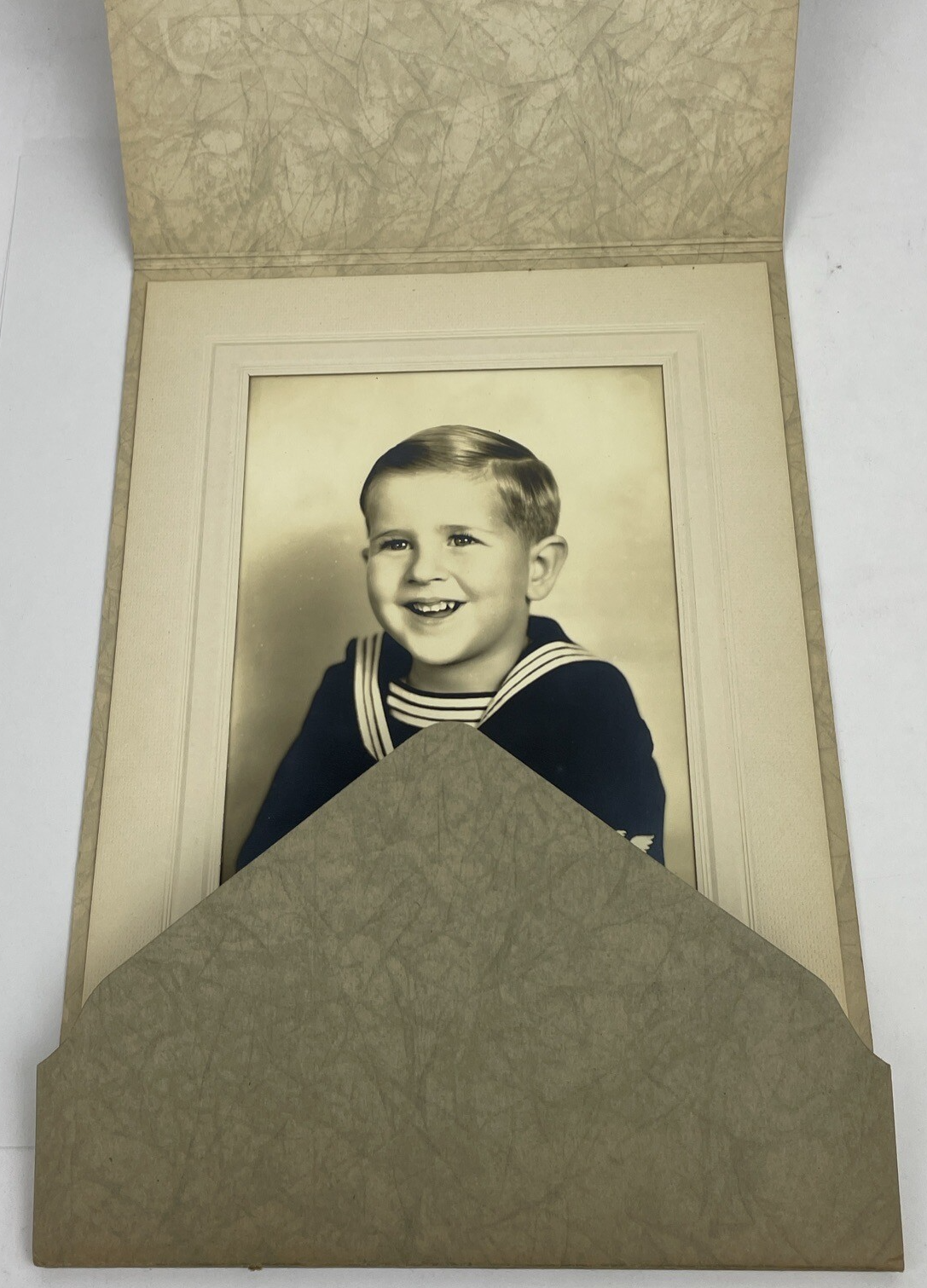 Antique Portrait Photo" Cute  Little Sailor Boy " 6.5" x 4.5" In Frame Card B&W