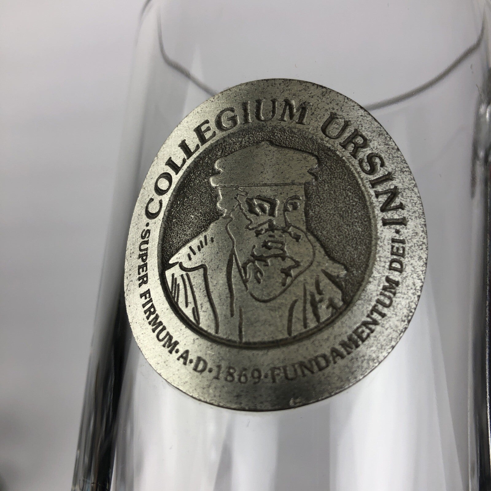 Vintage Collegium Ursini glass and pewter beer stein mug with AD 1869 inscription.