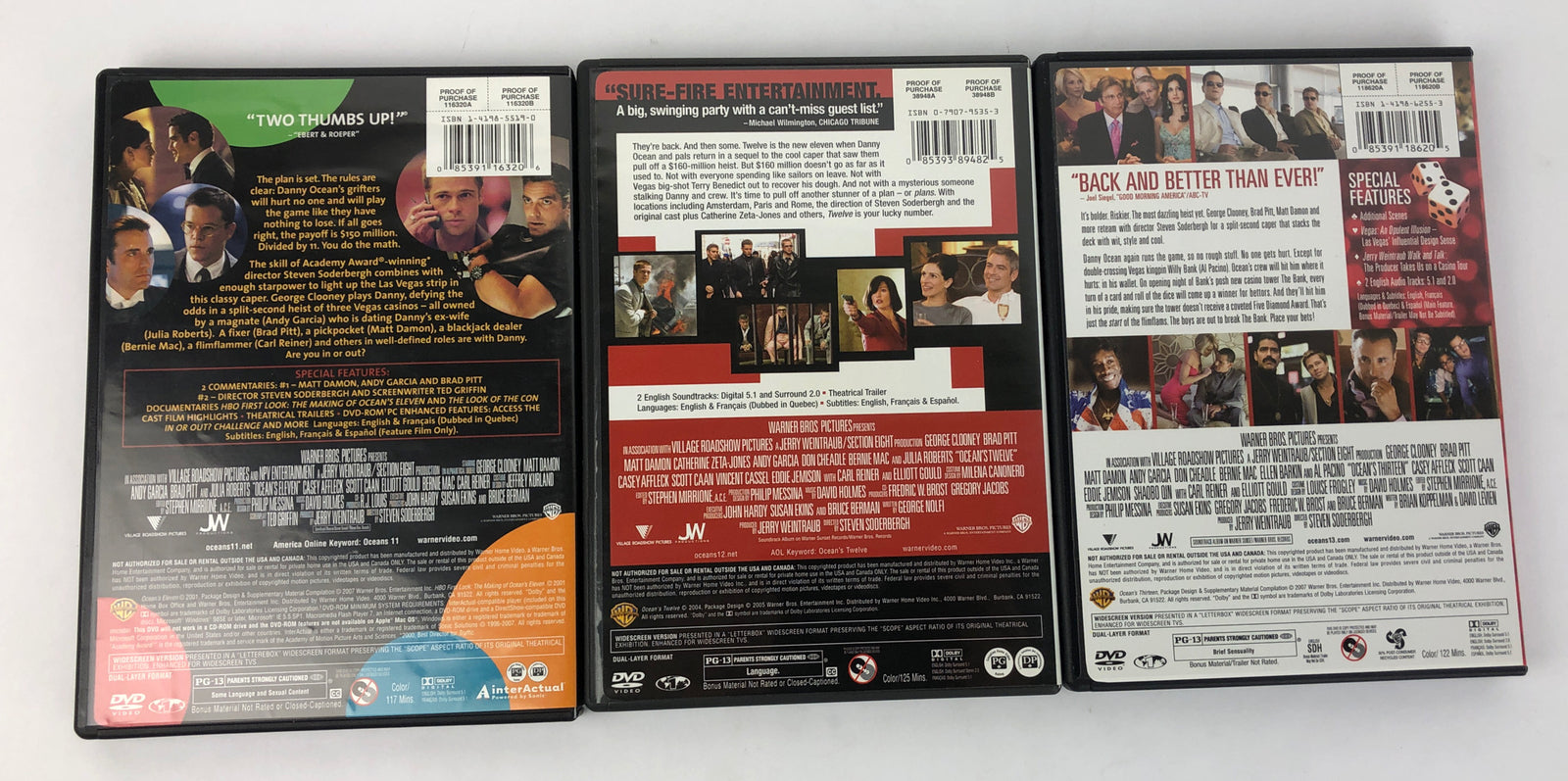 OCEAN'S ELEVEN TWELVE THIRTEEN TRILOGY (3) DVD Lot George Clooney Brad Pitt MINT