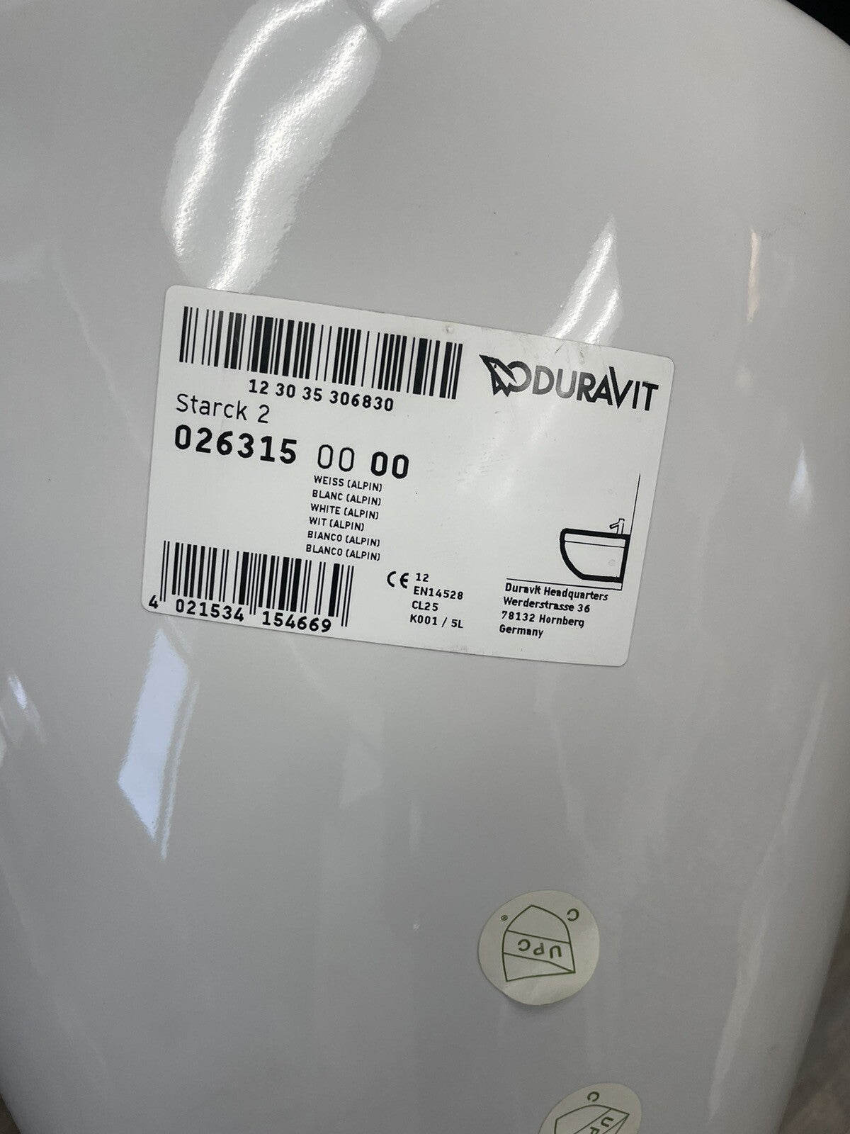 Duravit 026315 Starck 2  Wall Mount Elongated Toilet Bowl White