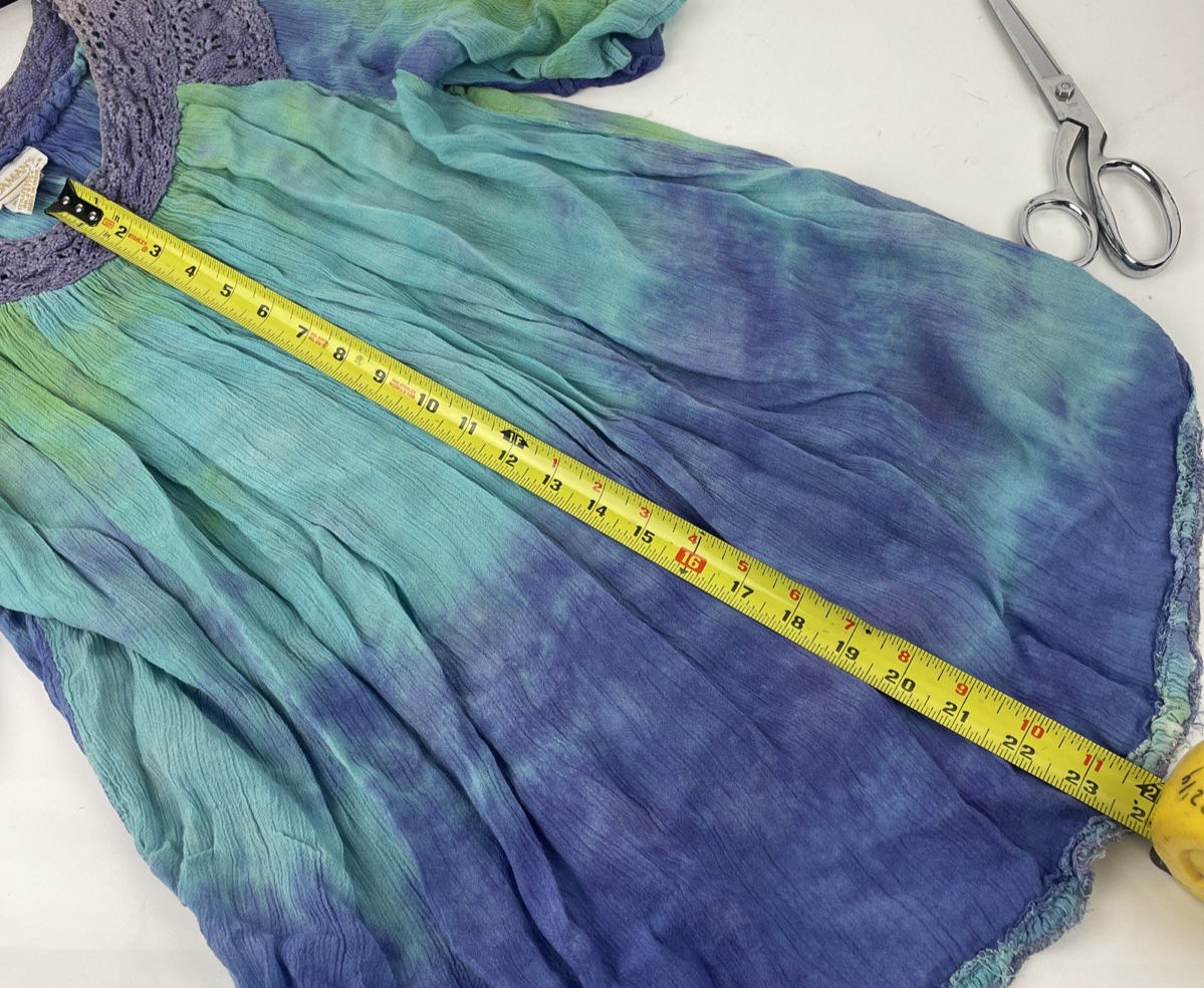 Roaman's Tops Women's Purple Green Tye-Dye Blouse top w Crochet Neckline Sz Med