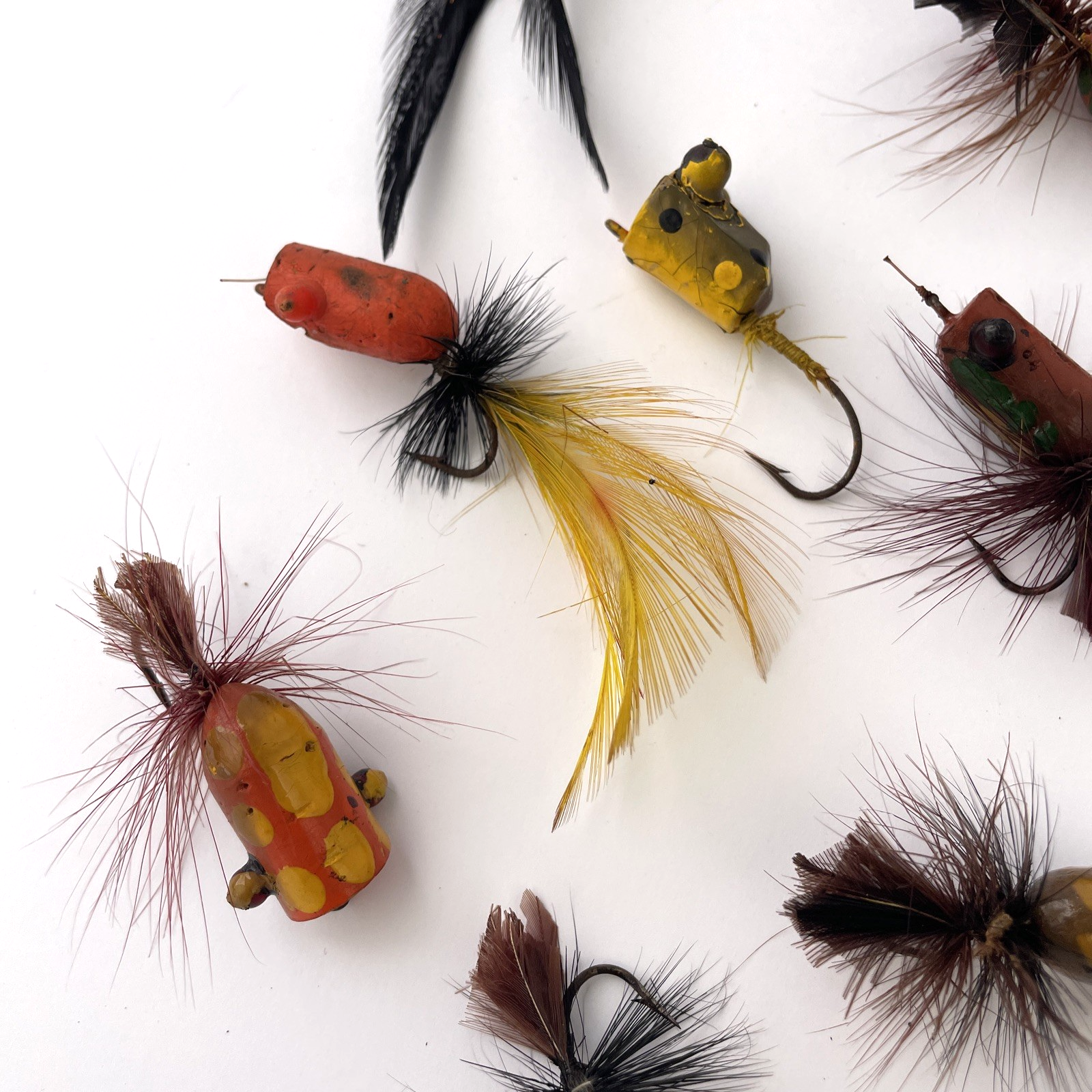 Vintage Lot Wooden Top Water Fishing Lures Flies Fly Fishing Folk Art Hand Made
