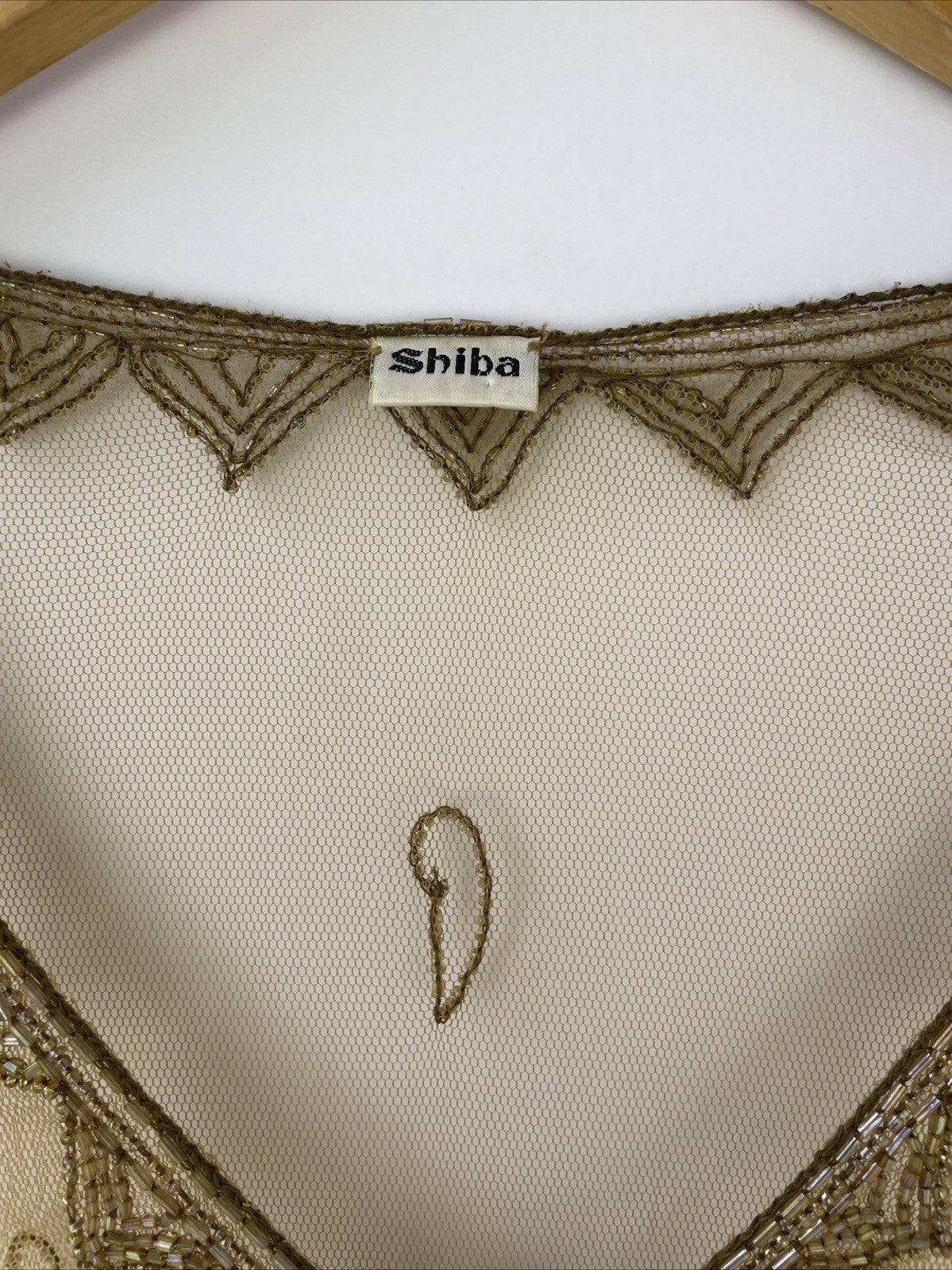 SHIBA Vintage Sheer Mesh Long Sleeve Hand Beaded V Neck Gold Tone Tunic Small