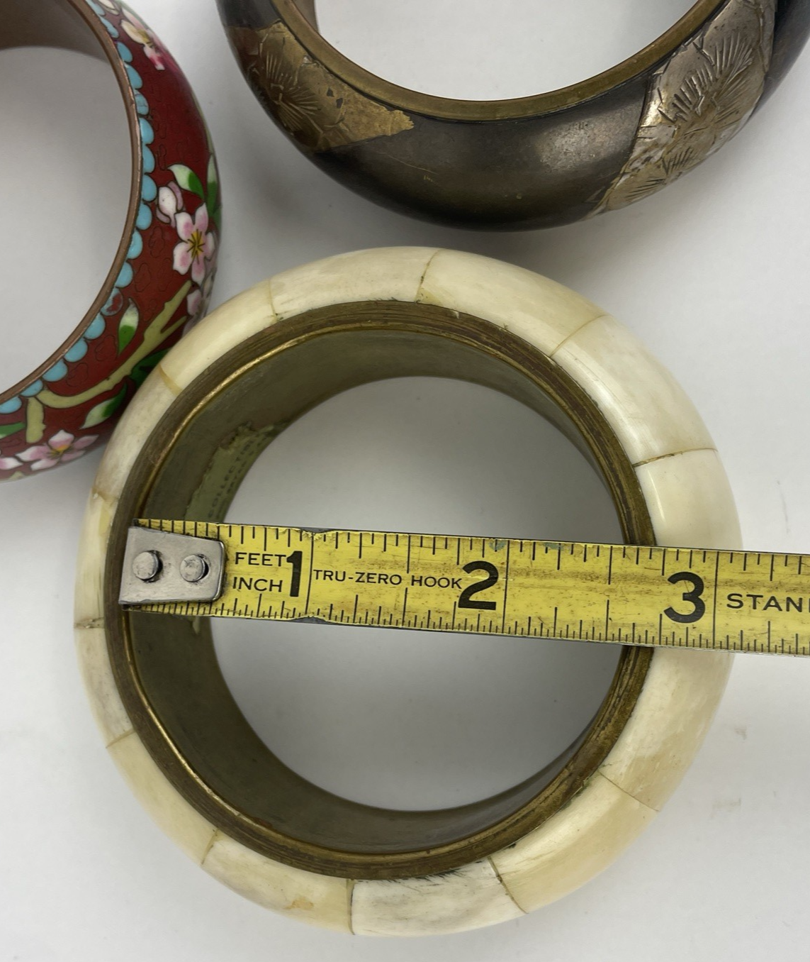 Lot of 3 Bracelet s Vintage Indian bone + Inlay Bangle Brass Floral Bird 8.5