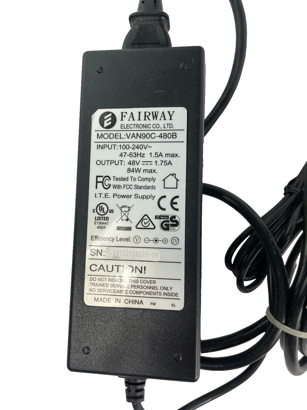 Geniune Fairway Model VAN90C-480B Output 48V 1.75A AC Power Supply Adapter #A71