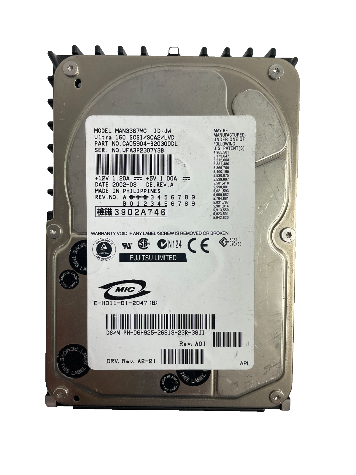 Fujitsu MIC Model MAN3367MC Ultra 160 SCSI Hard Disc Drive 10000RPM Cache 8 MB