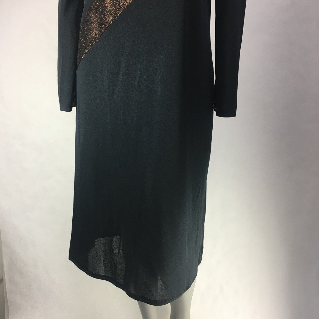 Visionz Womens Shift Dress Black Gold Stripe Midi Long Sleeve Vintage 1980's 5/6