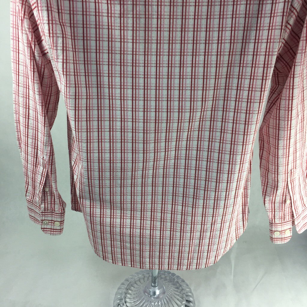 Faconnable Mens Button Front Shirt Pink White Plaid Long Sleeves 100% Cotton XS