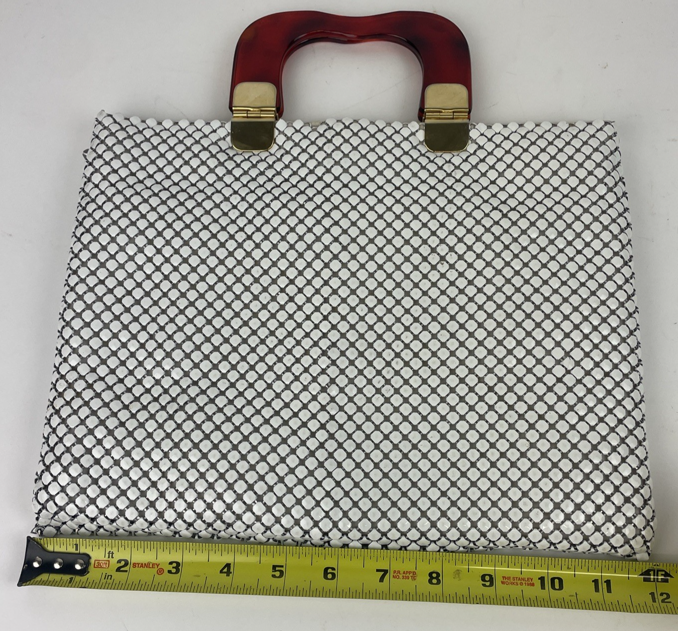 Vintage White Aluminum Metal Mesh Purse W/ Lucite Amber Handles Magnetic Closure