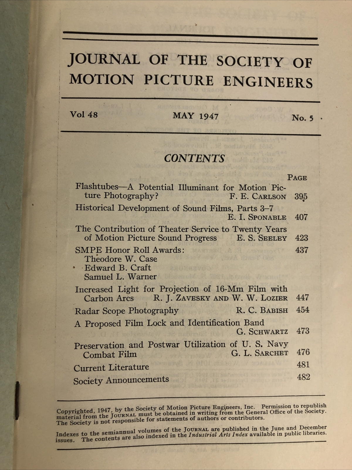 SMPE Journal Of The Society Of Motion Picture Engineers May 1947 VOL 48 No 5