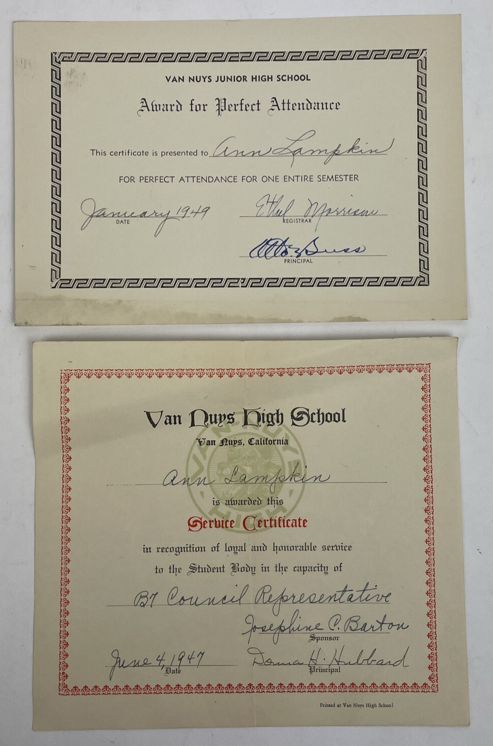 1949 VAN NUYS Junior High School Perfect Attendance Award + HS Service Cert.