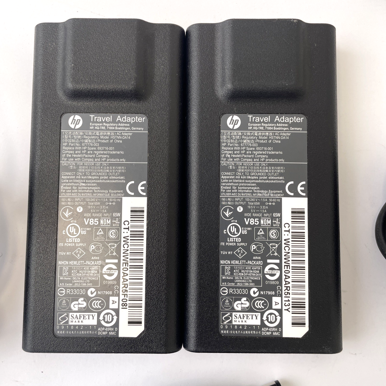 Lot of 2 HP 693716-001 65W Travel AC Power Adapter L47254-003 HSTNN-DA14     A00