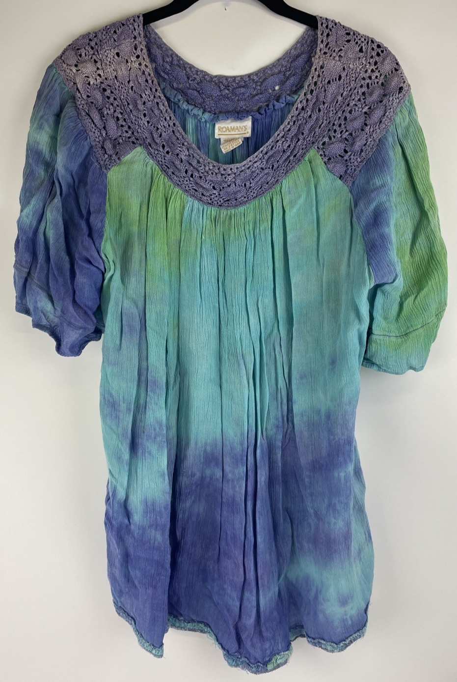 Roaman's Tops Women's Purple Green Tye-Dye Blouse top w Crochet Neckline Sz Med