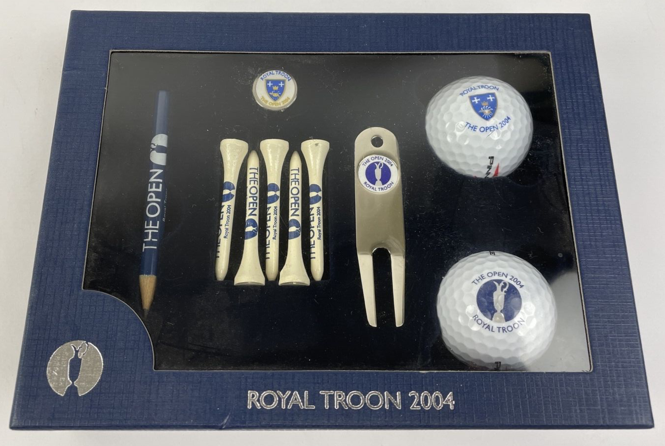 2004 The Open Royal Troon Golf Box Set 2 Balls Tees Divot Tool Marker Pencil NIB