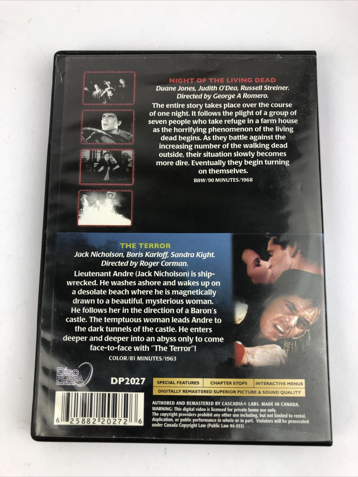 NIGHT OF THE LIVING DEAD / THE TERROR DOUBLE FEATURE - DVD Mint Disc Guaranteed