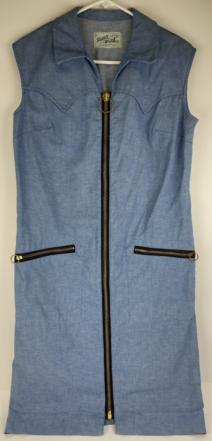 VINTAGE TREGO’S WESTWEAR Oklahoma Women’s Light Blue Denim Maxi Dress w Pockets