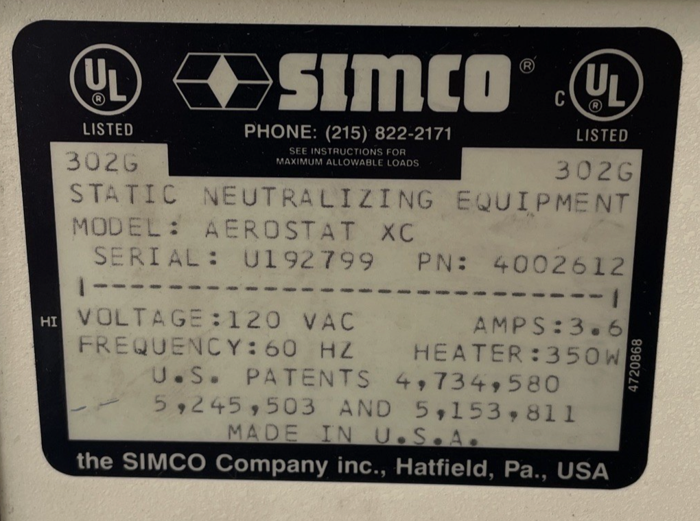 Simco Aerostat XC (PN 4002612) 200-1000 fpm, 350 W, Ionizing Air Blower - Tested