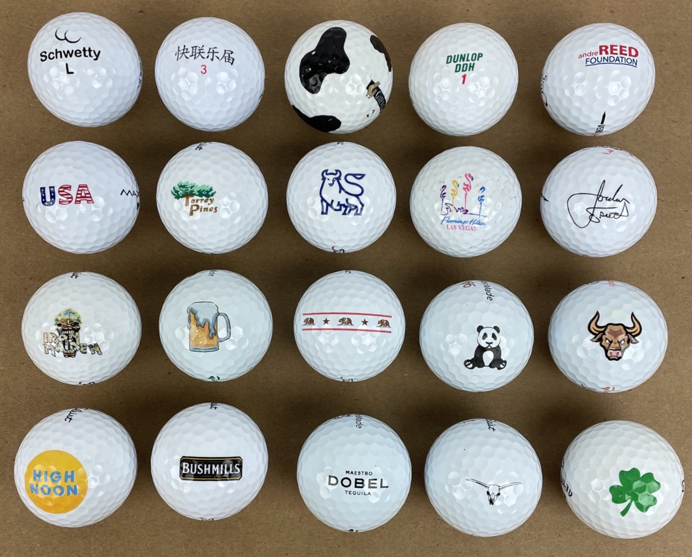 20 x Logo Golf Ball Lot Panda Bull Cali Bear Schwetty Balls FOO KING LONG Booze