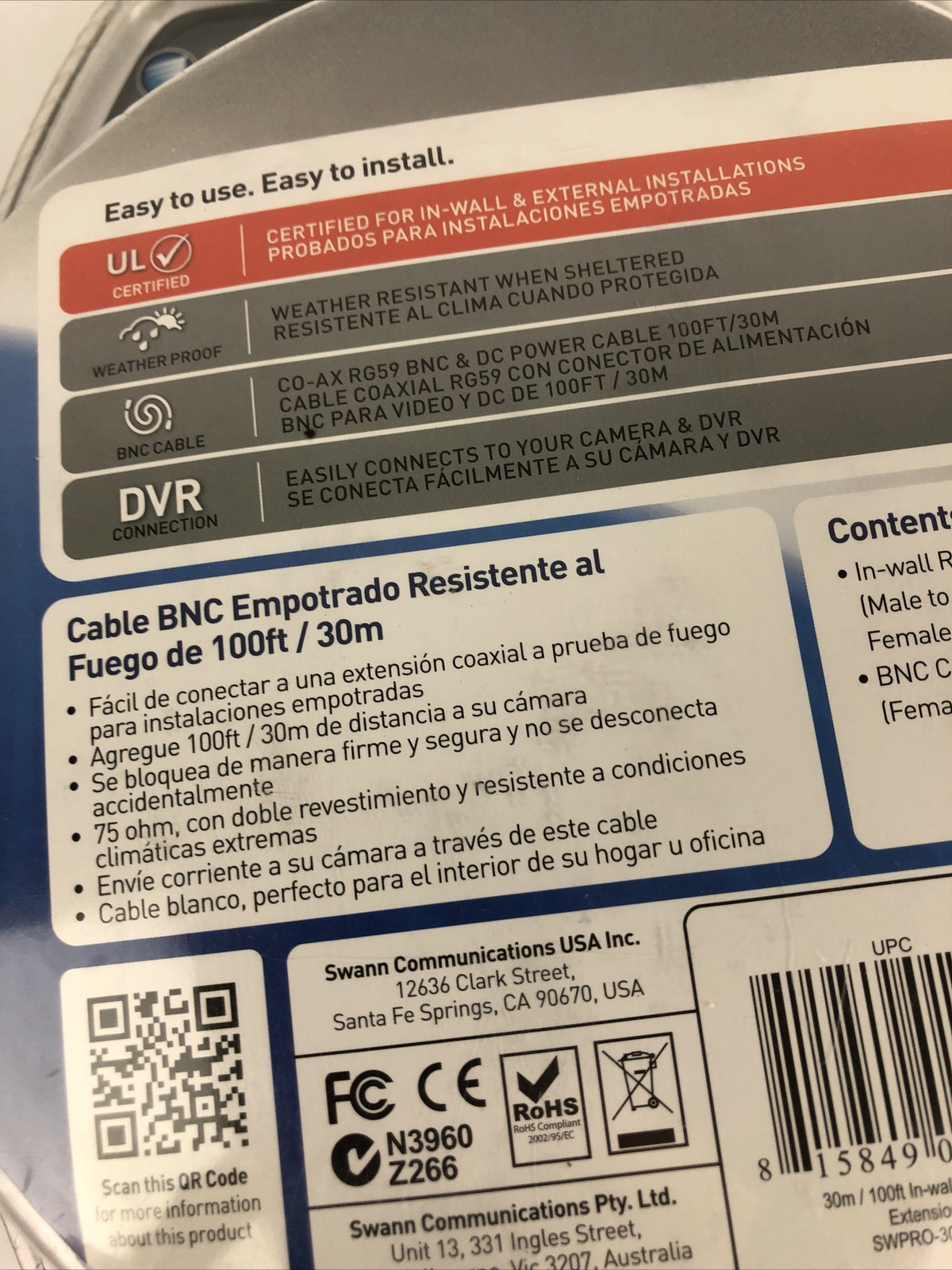 New SWANN PRO-SERIES In Wall Fire Rated 100ft/30m BNC Cable Unopened Sealed