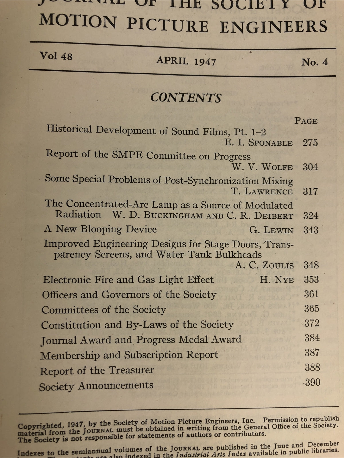 SMPE Journal Of The Society Of Motion Picture Engineers April 1947 VOL 48 No 4
