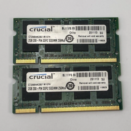 Lot of 2 x Crucial, 2gb 200 pin DDR2 SODIMM, 256Mx64 RAM