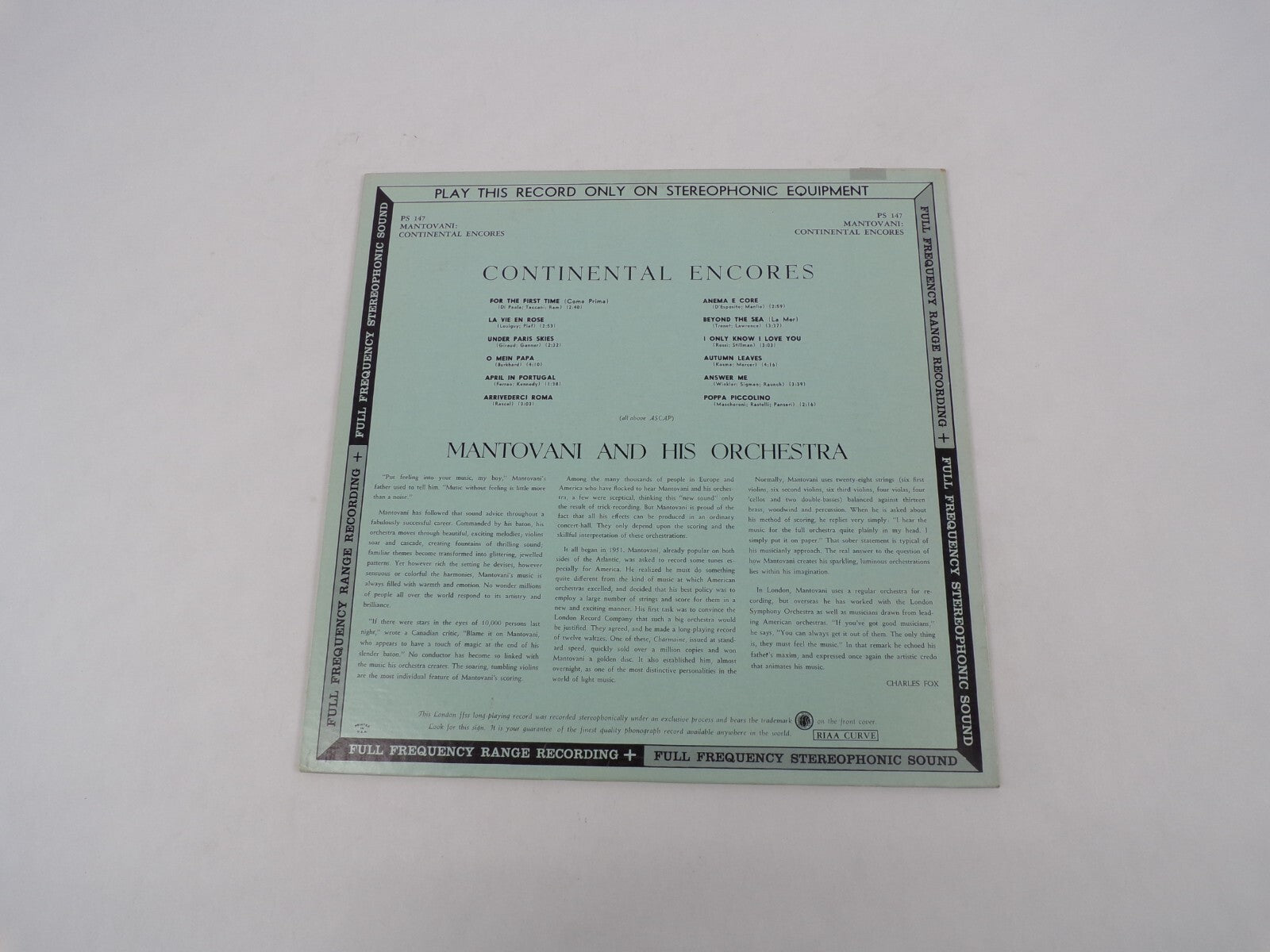 Continental Encores Mantovani And His Orchestra Arrivederci Roma Vinyl Record