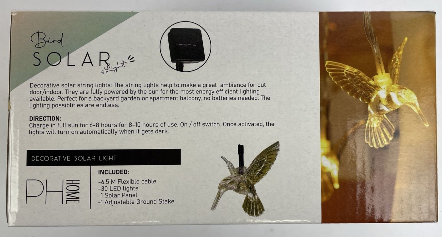 Solar Hummingbird String Lights, 21Ft 30 Warm White LED Outdoor Waterproof Light