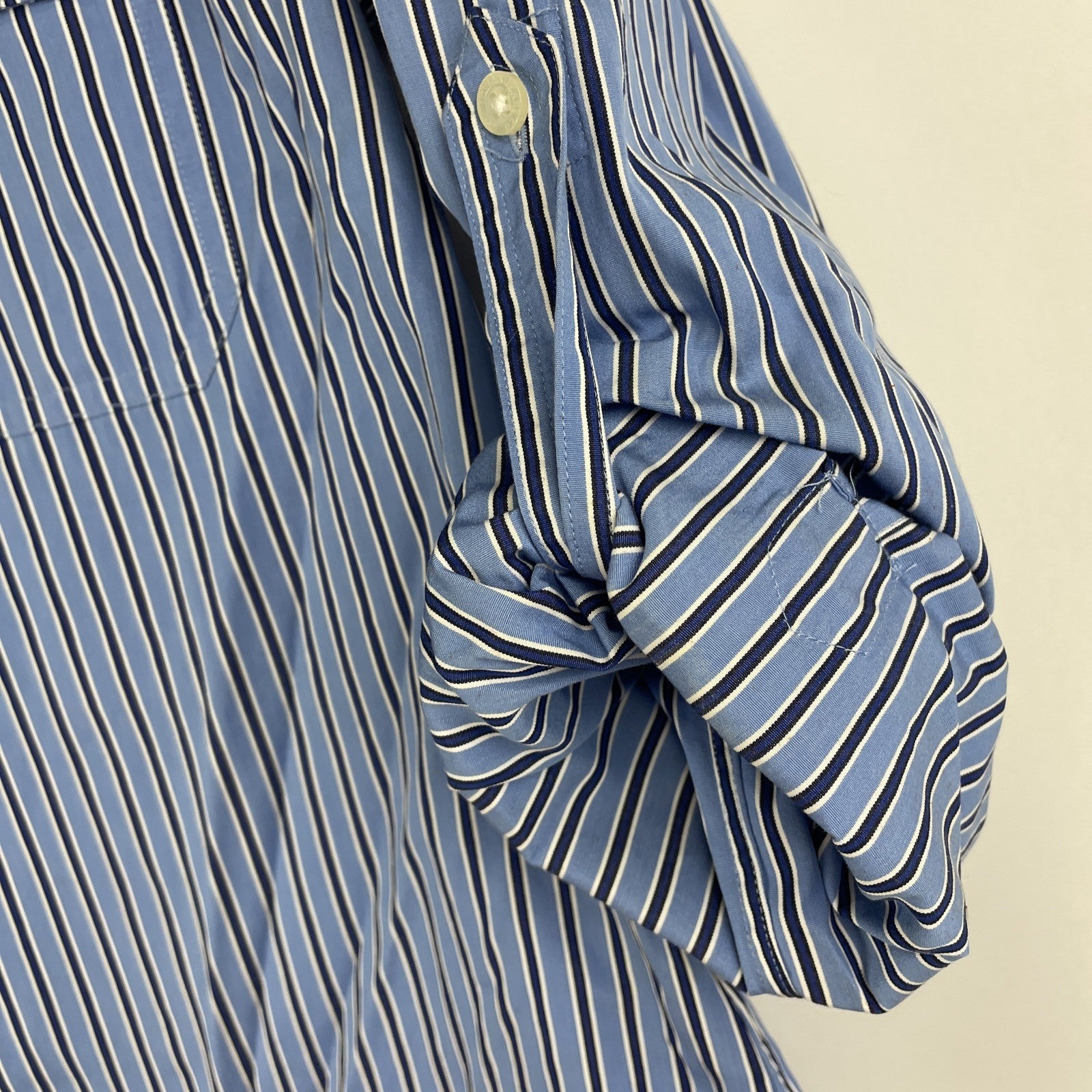 LRL Lauren Jeans Co. Blue w Blue Stripe Button Up Shirt Roll Tab Sleeve Sz Small