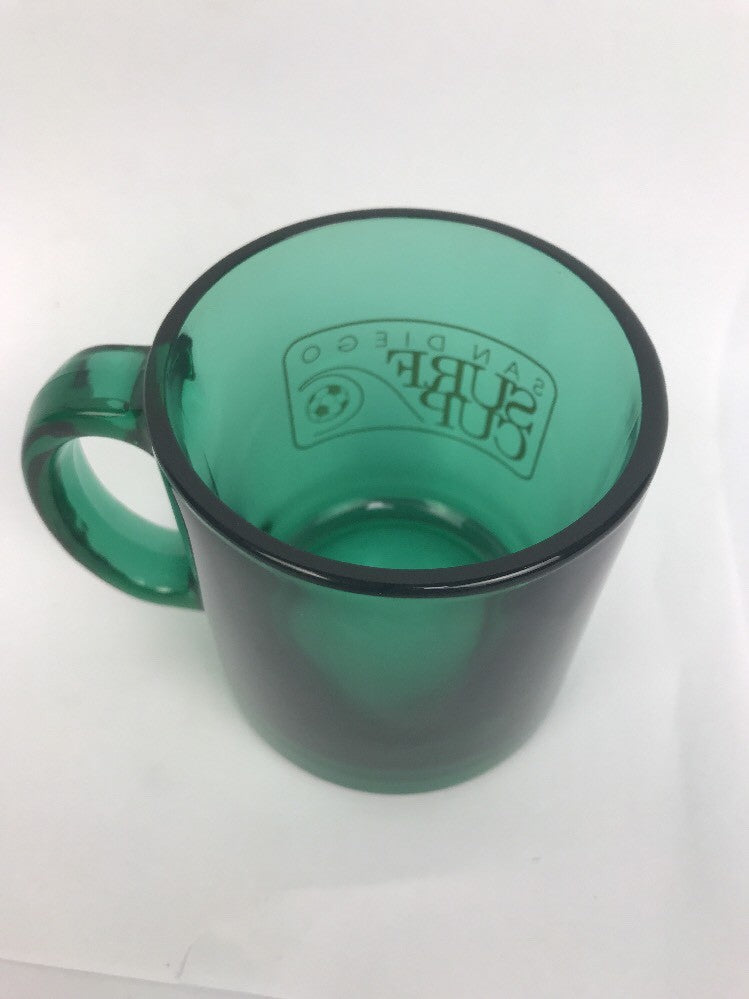 Rare San Diego Surf Cup soccer USA made green glass coffee mug.