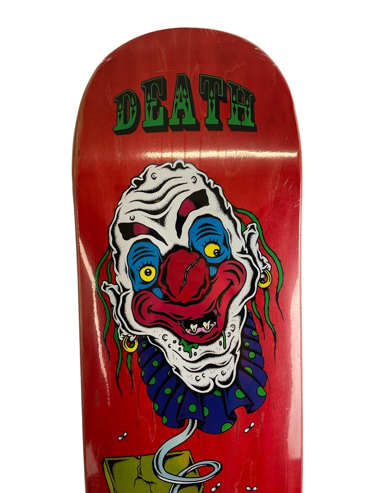 Death Skateboards Dan Cates Jack in the Box Clown Pro red 8.25-inch skateboard deck with grip tape.