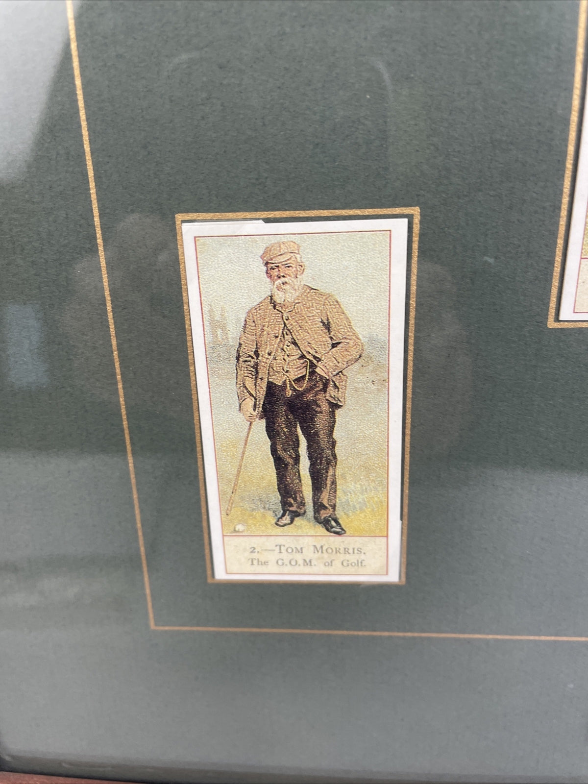 Framed and matted collection of 18 vintage style cigar tobacco golf trading cards with historical information display artwork collectible memorabilia