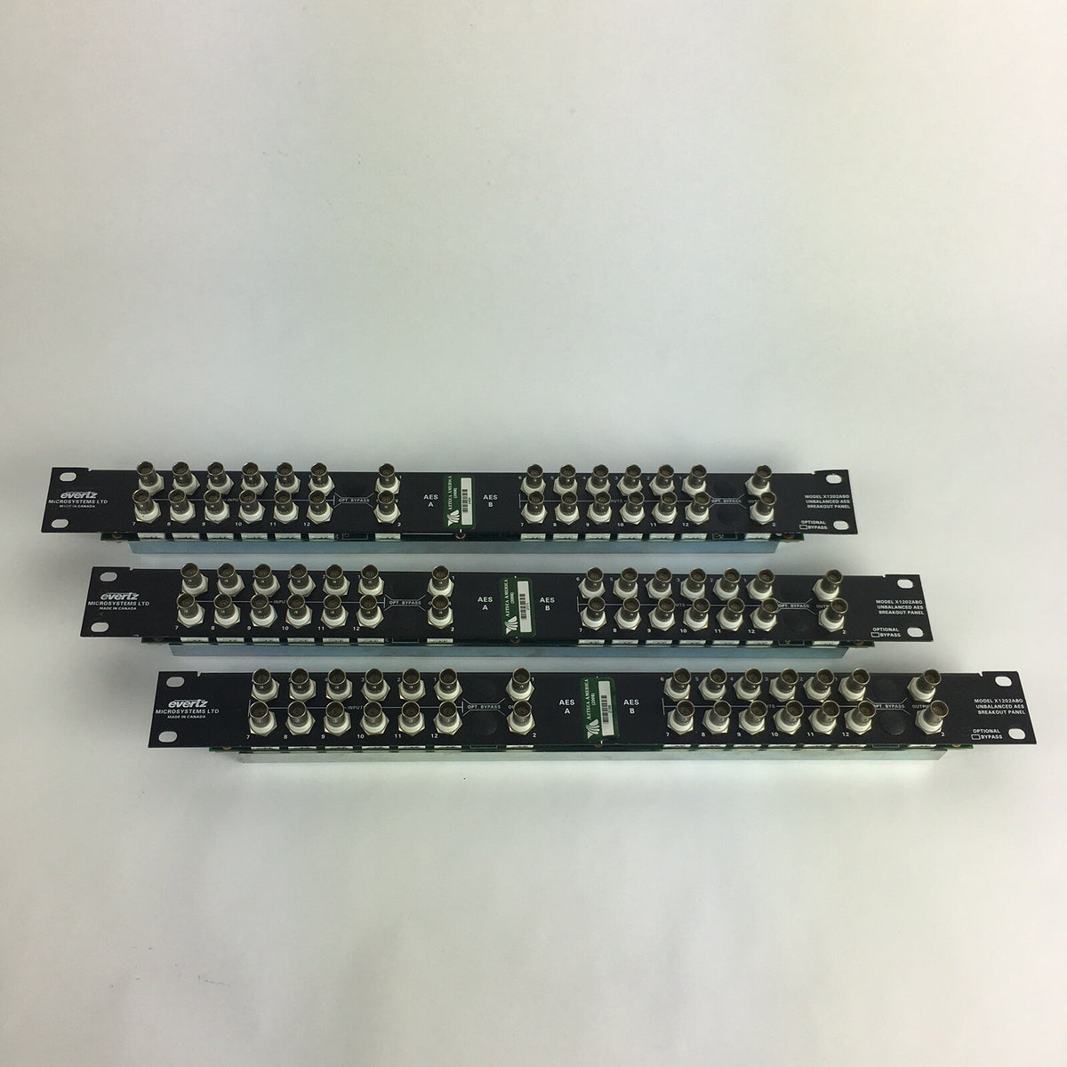 (Lot of 3) Evertz X1202ABO 12 x 2 BNC I/O Unbalanced AES Breakout Panel