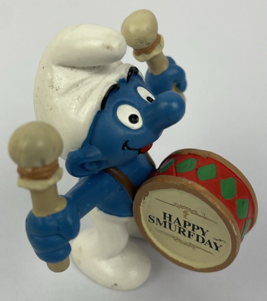 2007 Schleigh Smurfs 20707 Drummer Smurf Happy Smurfday On Drum Germany Rare