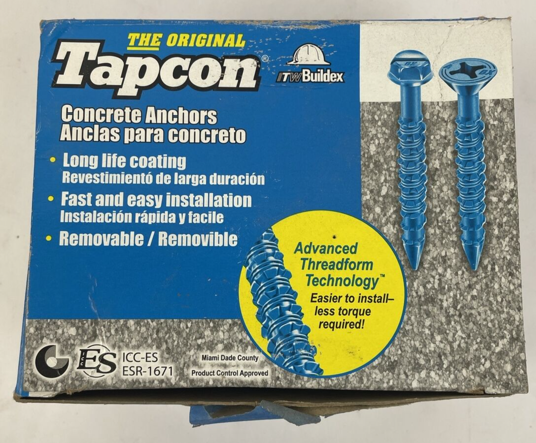 99 x Phillips Flat Head 3/16 x 3-3/4 Concrete Masonry Screw Tapcon Anchor & Bit
