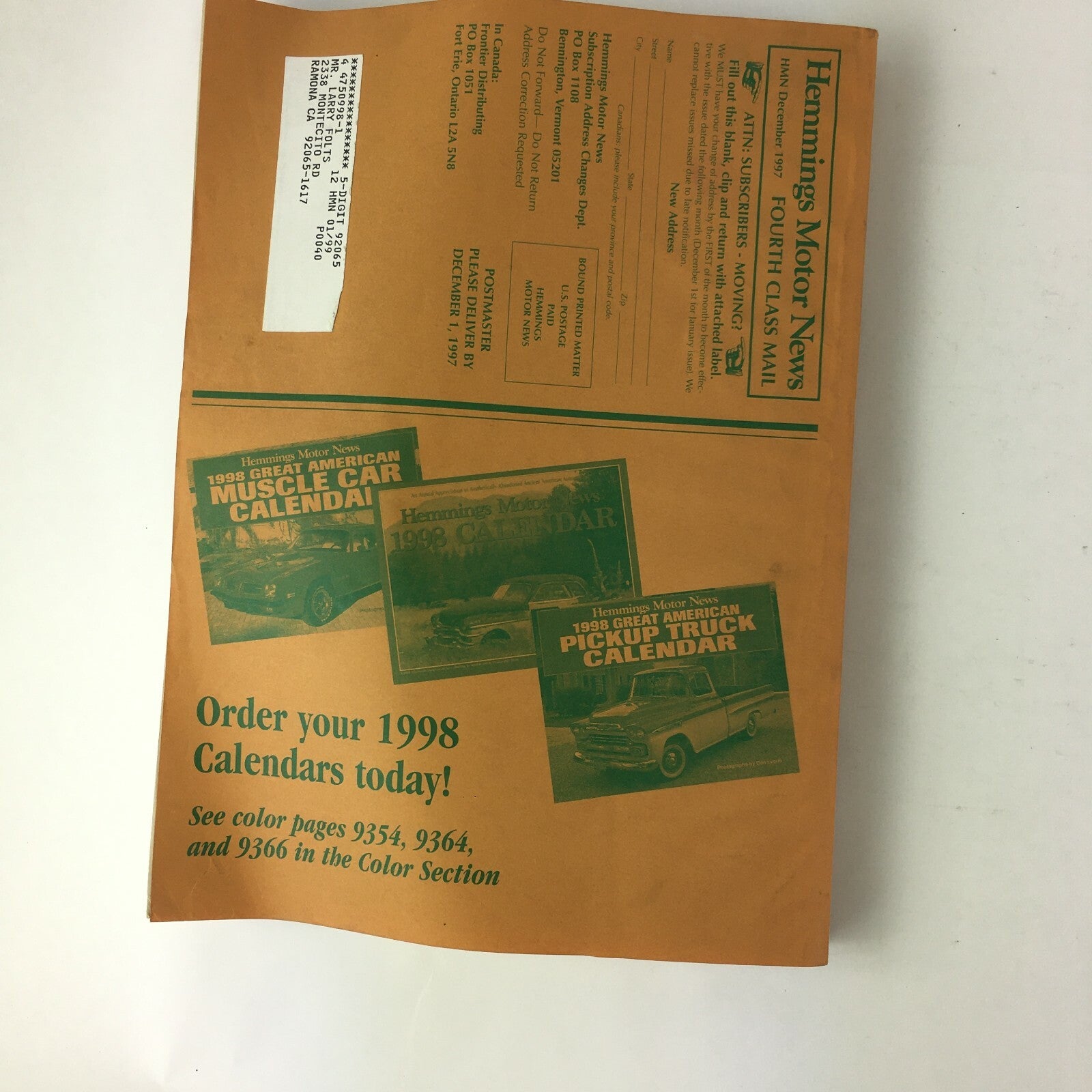 December 199 Hemmings Motor News World's Largest Antique Vintage 1998 Calenders