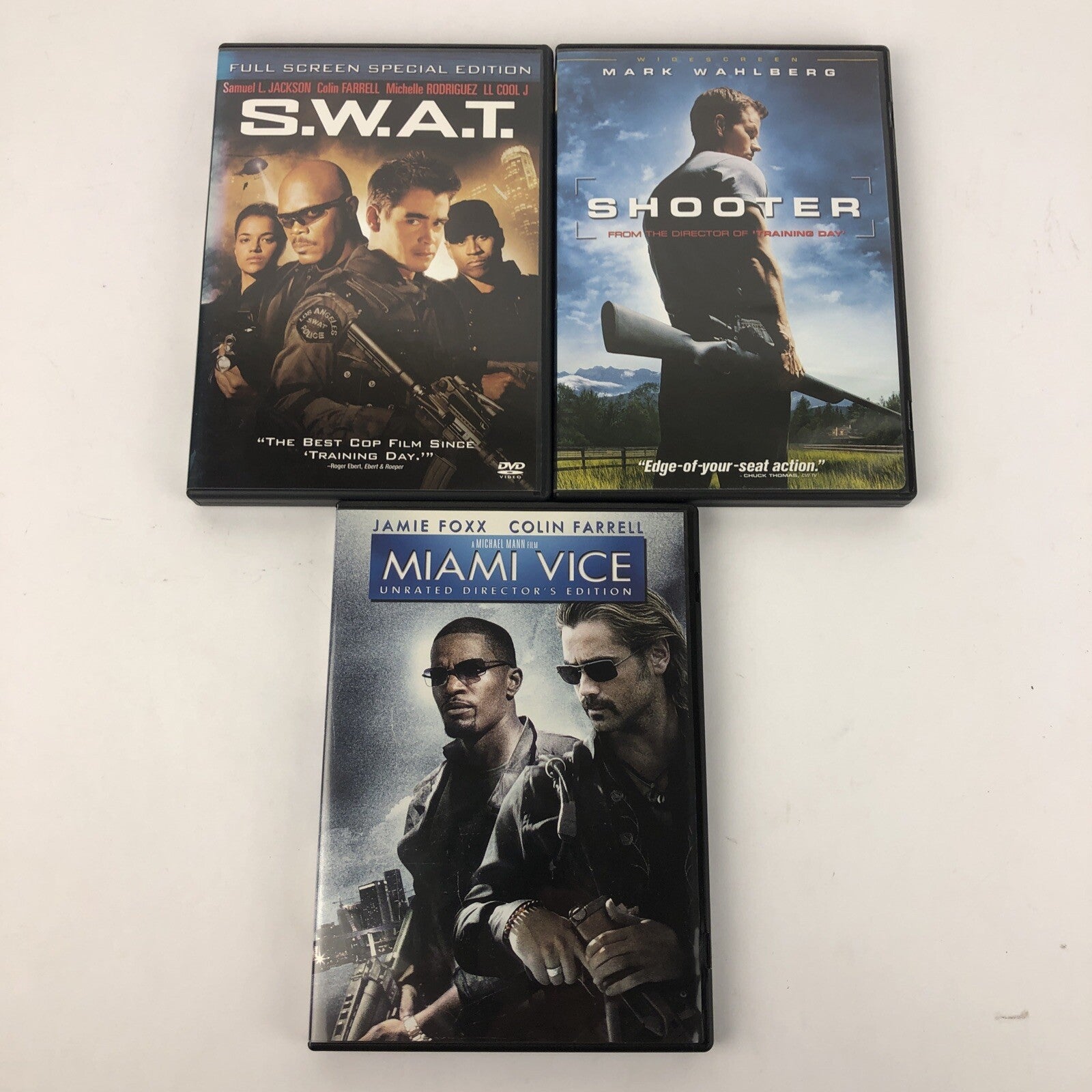 Action Lot 3 of DVD’s Miami Vice , S.W.A.T Collin Farrell, Shooter Mark Wahlburg