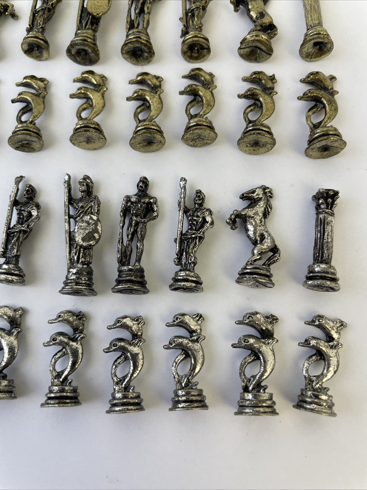 Vintage Miniature Neptune Fantasy Theme Pewter Chess Pieces Full Set Gold Silver