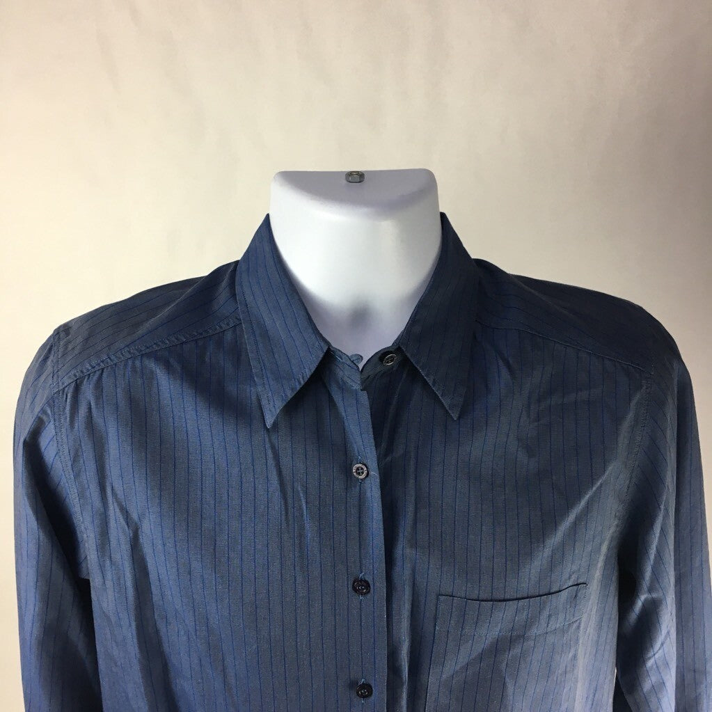 Fil A Fil Mens Button Front Shirt Blue Striped Long Sleeve Pocket 100% Cotton 38