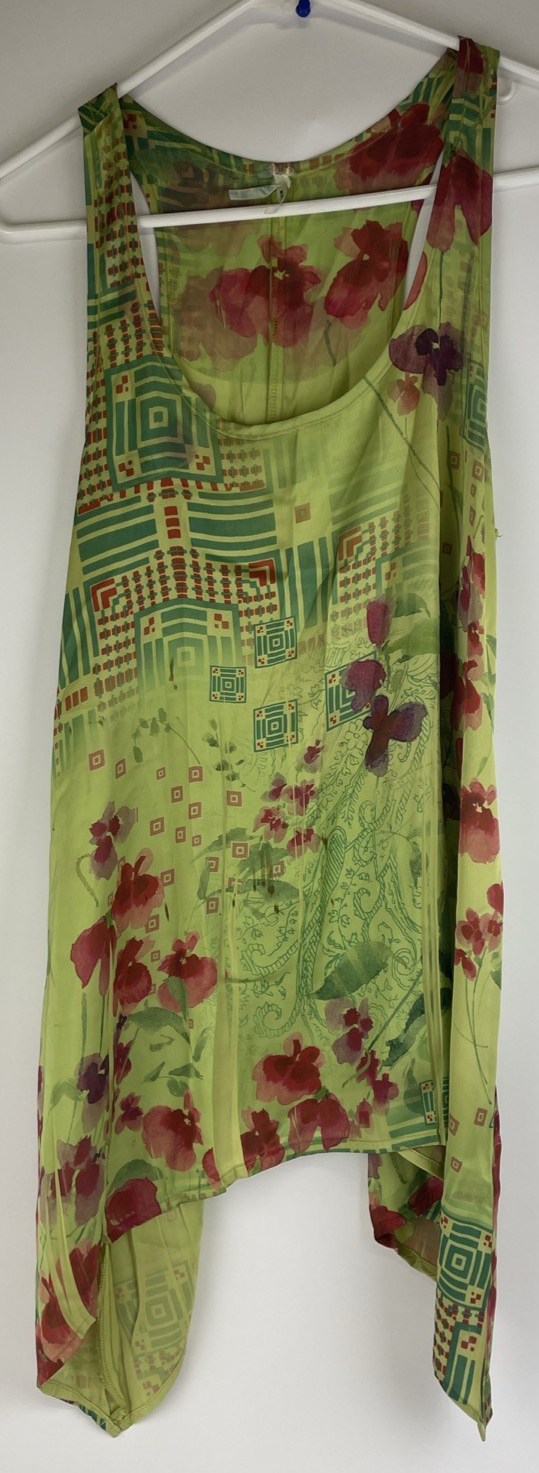 Lapis Green Floral High Low Silk Sleeveless Tunic Top Mini Dress Size M USA MADE