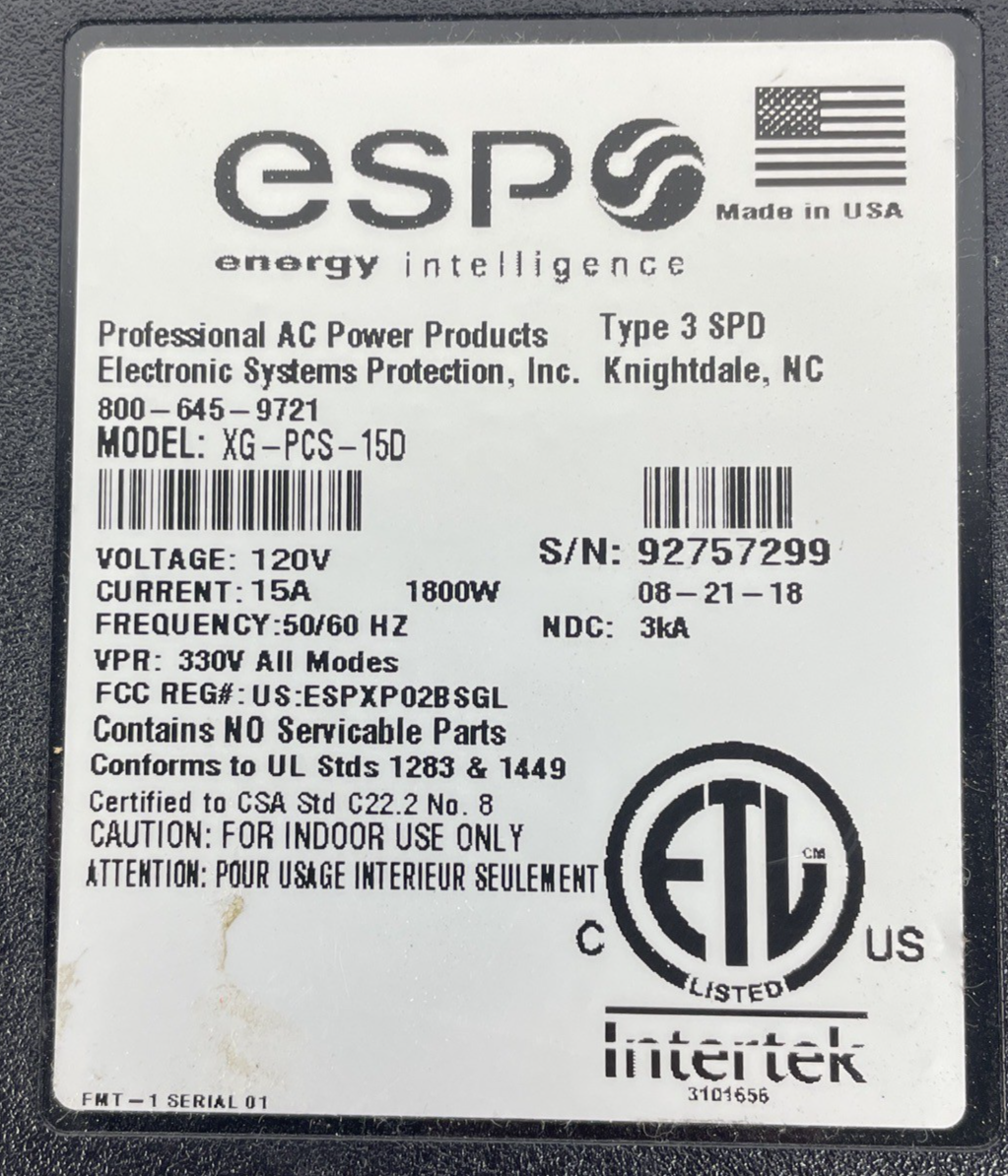 Electronic System Protection XG-PCS-15D Type 3 Protective Device Surge Protector