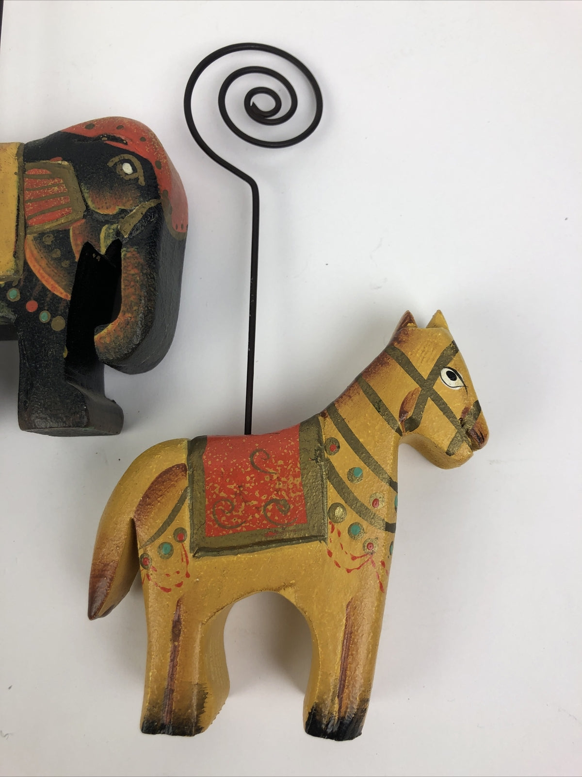 Wooden Horse & Elephant Decorative Spiral Clip Photo Holder in Warm Color Tones