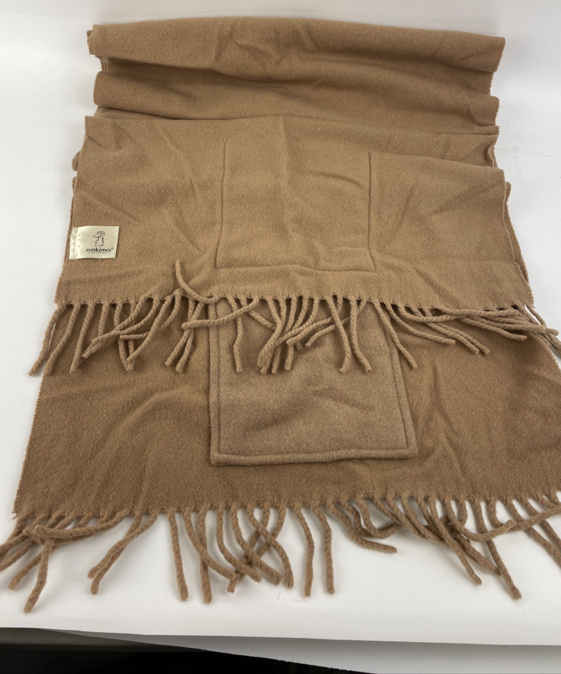 Eskimo of Switzerland Warm Cashmere / Wool Scarf Tan Beige With Pockets (B12)
