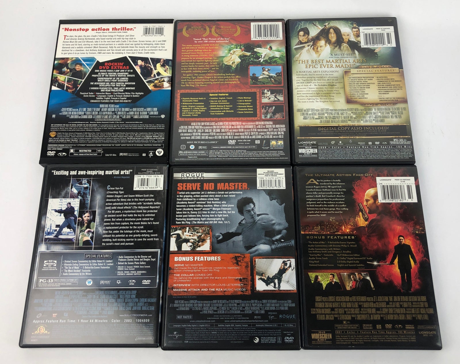 6 KUNG FU / MARTIAL ARTS MOVIE DVD LOT - Chow Yun-Fat Jackie Chan JET LI - Mint