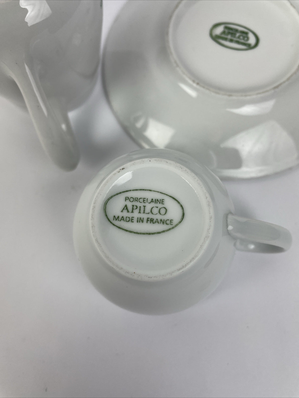Apilco Les Deux Magots Paris France porcelain espresso cup saucer and cream pitcher set